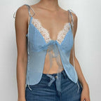 Lace hem backless chiffon self tie contrast crop top