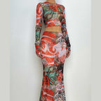 Abstract Print Sheer Mesh Long Sleeve Gloves Contrast Maxi Skirt Set