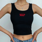 Embroidery u neck sleeveless ribbed crop top