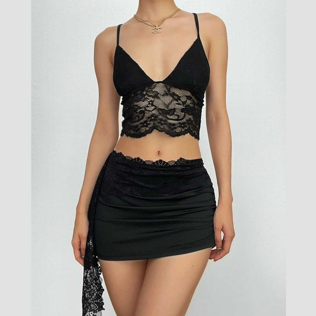 Lace v neck backless ruched irregular solid cami mini skirt set