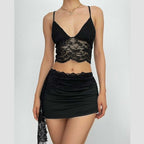Lace v neck backless ruched irregular solid cami mini skirt set