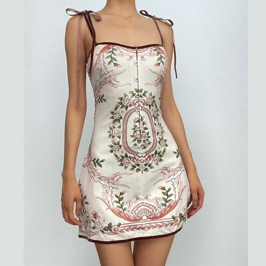 Minikleid zum Binden mit Blumenmuster, Knöpfen am Rücken und Kontrast 