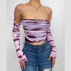 Top a maniche lunghe con volant e spalle scoperte in rete tie-dye arricciato 