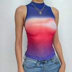 Sheer mesh see through gradient sleeveless high neck top