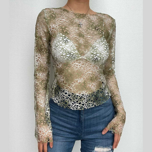 Maglia a maniche lunghe con motivo tie-dye e rete trasparente traforata 
