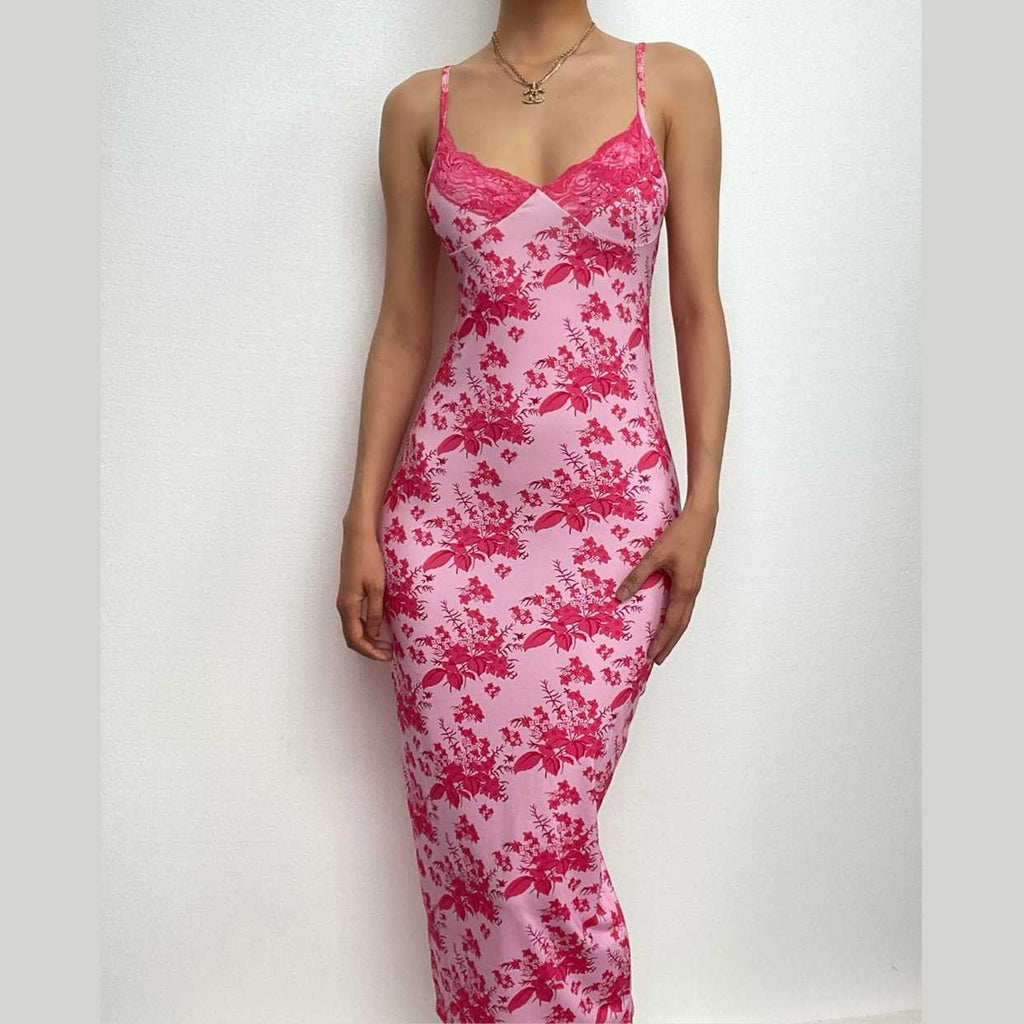 Rückenfreies Camisole-Midikleid mit Blumenmuster, Spitzensaum, V-Ausschnitt und Kontrast 