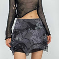 Chiffon zip-up irregular leaf print contrast mini skirt
