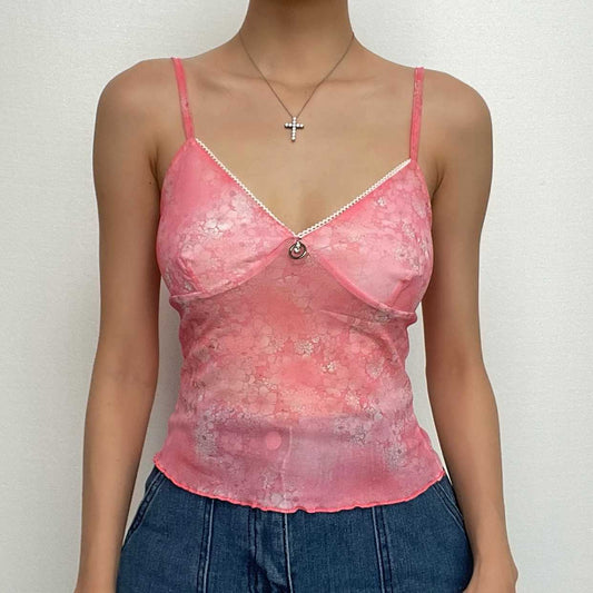 Top corto con volant e stampa floreale in rete trasparente con scollo a V
