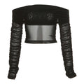 Sheer mesh see through long sleeve off shoulder ruched crop top