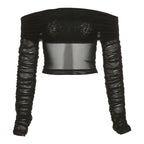Sheer mesh see through long sleeve off shoulder ruched crop top