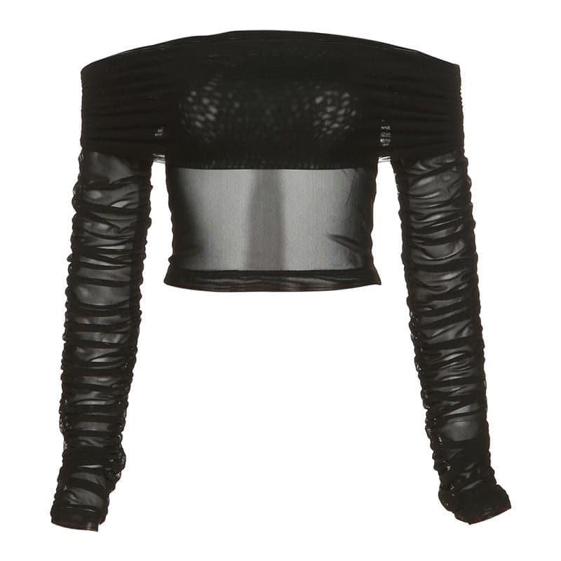 Sheer mesh see through long sleeve off shoulder ruched crop top