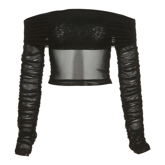 Transparentes, schulterfreies, gerüschtes Crop-Top aus transparentem Netzstoff mit langen Ärmeln