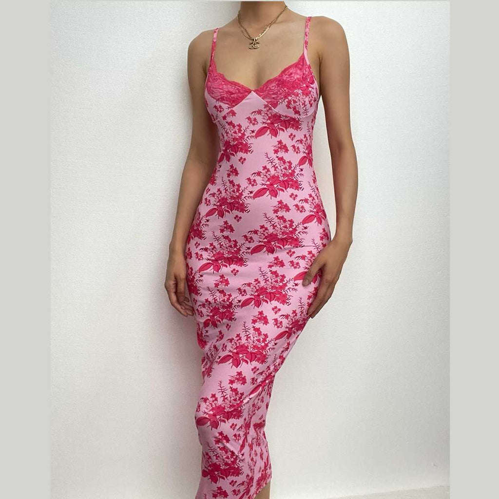 Rückenfreies Camisole-Midikleid mit Blumenmuster, Spitzensaum, V-Ausschnitt und Kontrast 