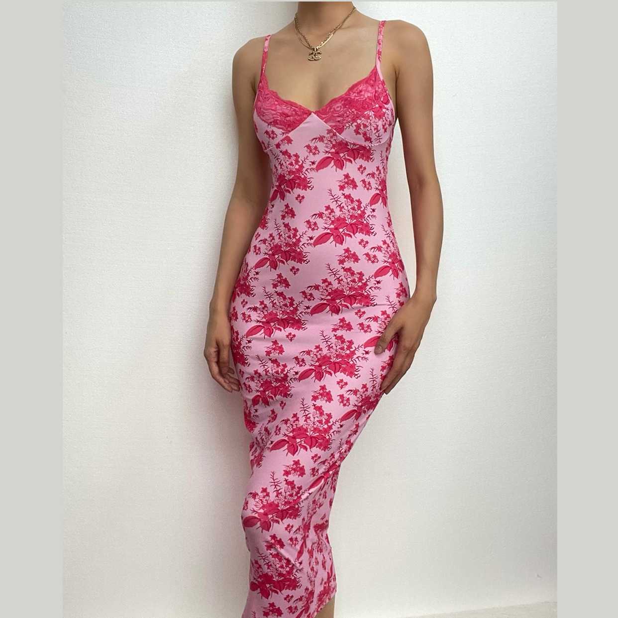 Rückenfreies Camisole-Midikleid mit Blumenmuster, Spitzensaum, V-Ausschnitt und Kontrast 