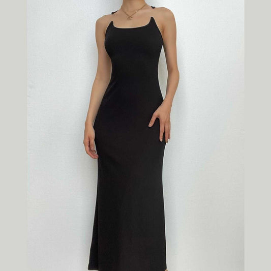Geripptes, einfarbiges, ärmelloses Patchwork-Maxikleid mit quadratischem Ausschnitt 