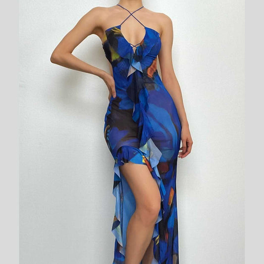 Rückenfreies Maxikleid aus transparentem Netzstoff mit gekreuzter Vorderseite und Schlitz und Kontrastdruck 