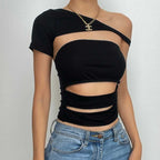 Hollow out solid gloves irregular backless tube crop top