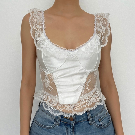Cap sleeve satin lace hem low cut ruffle top - Final Sale
