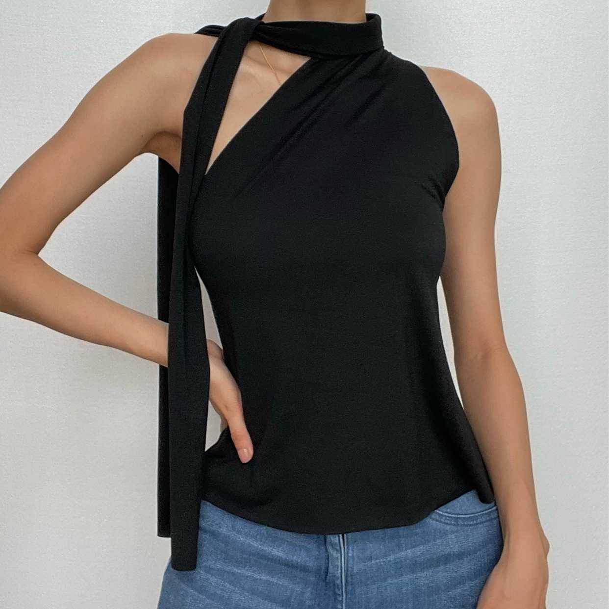 Irregular self tie one shoulder solid sleeveless top