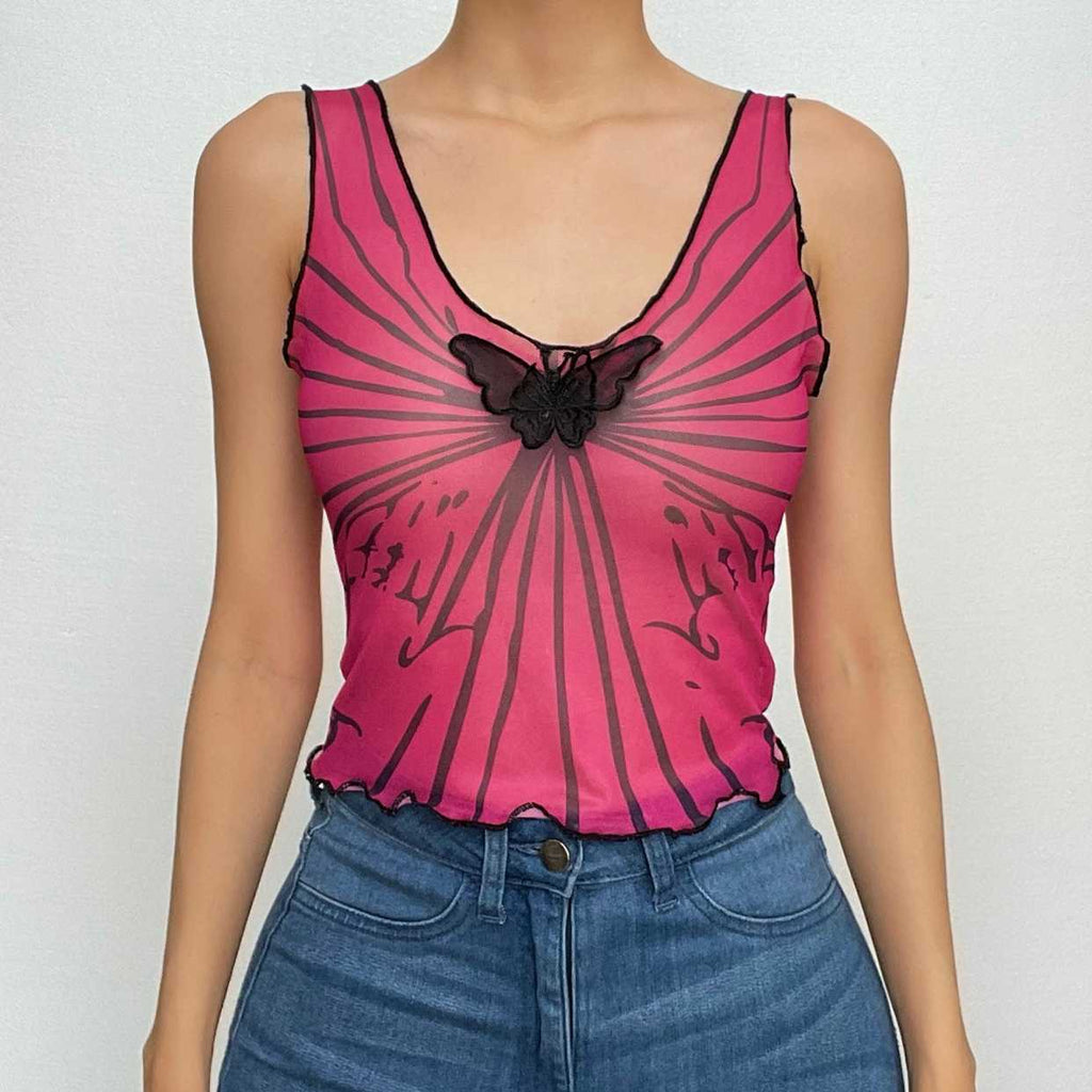 Sleeveless u neck ruffle sheer mesh see through butterfly applique top