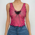 Sleeveless u neck ruffle sheer mesh see through butterfly applique top