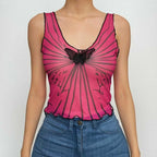 Sleeveless u neck ruffle sheer mesh see through butterfly applique top