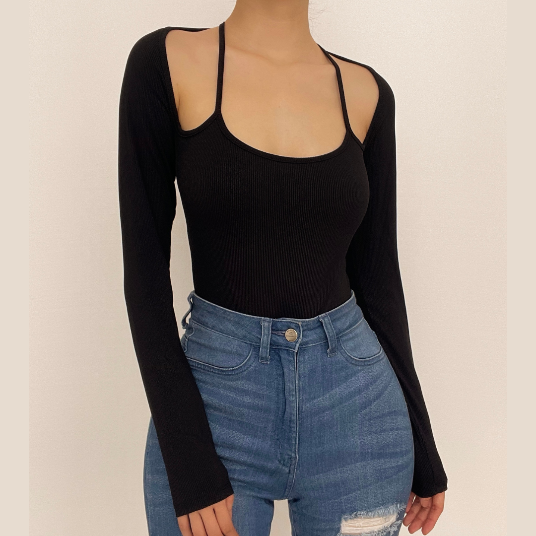 Body a maniche lunghe con scollo all'americana e coste unite 