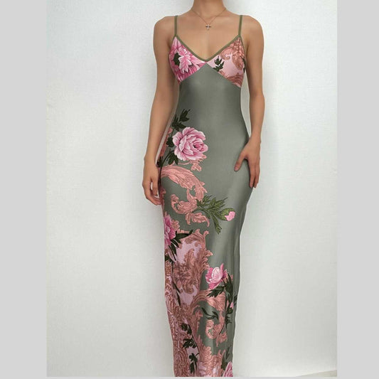 Rückenfreies Camisole-Maxikleid mit Blumenmuster und V-Ausschnitt in Kontrastfarbe 