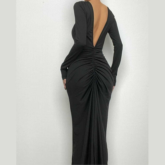 Gerüschtes, langärmliges, einfarbiges 2-Wege-Maxikleid mit V-Ausschnitt 