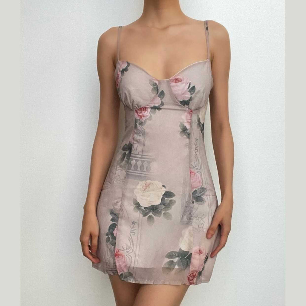 Miniabito con scollo a V e zip a contrasto, stampa floreale in chiffon