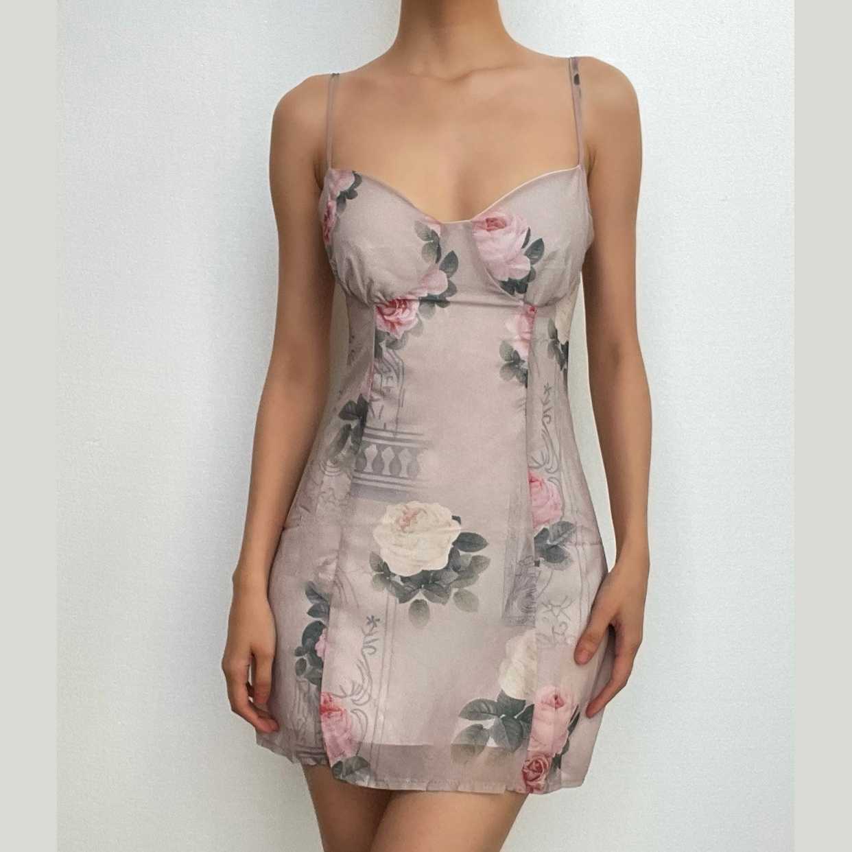 Miniabito con scollo a V e zip a contrasto, stampa floreale in chiffon