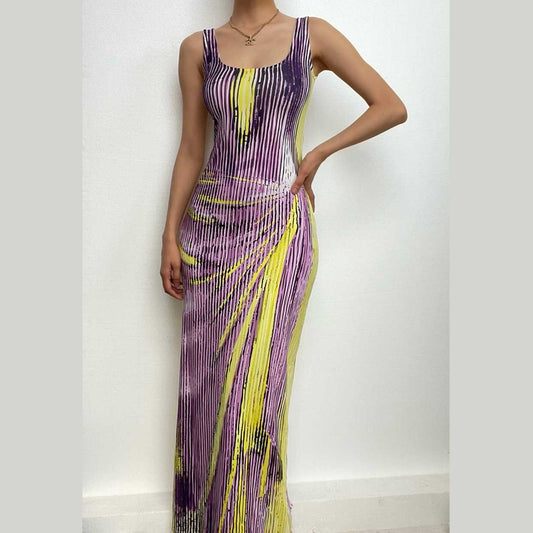 Ärmelloses, rückenfreies Maxikleid mit U-Ausschnitt und Kontrastmuster 