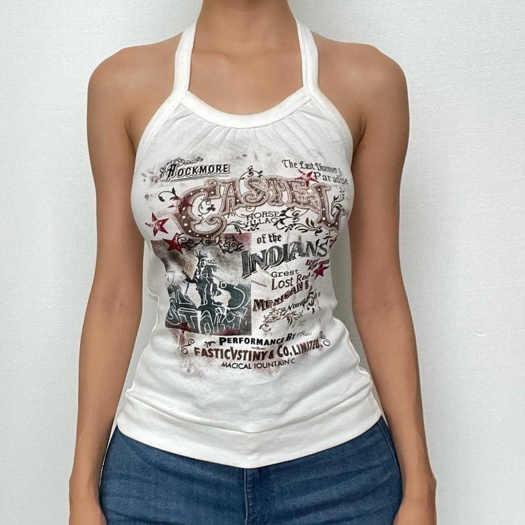 Letter print halter self tie backless contrast top