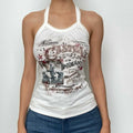 Letter print halter self tie backless contrast top