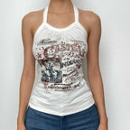 Letter print halter self tie backless contrast top