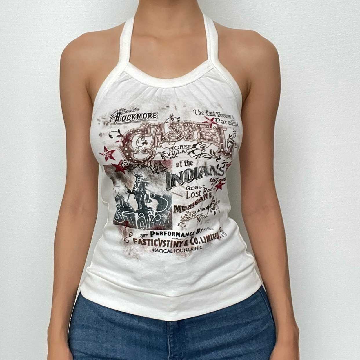 Letter print halter self tie backless contrast top