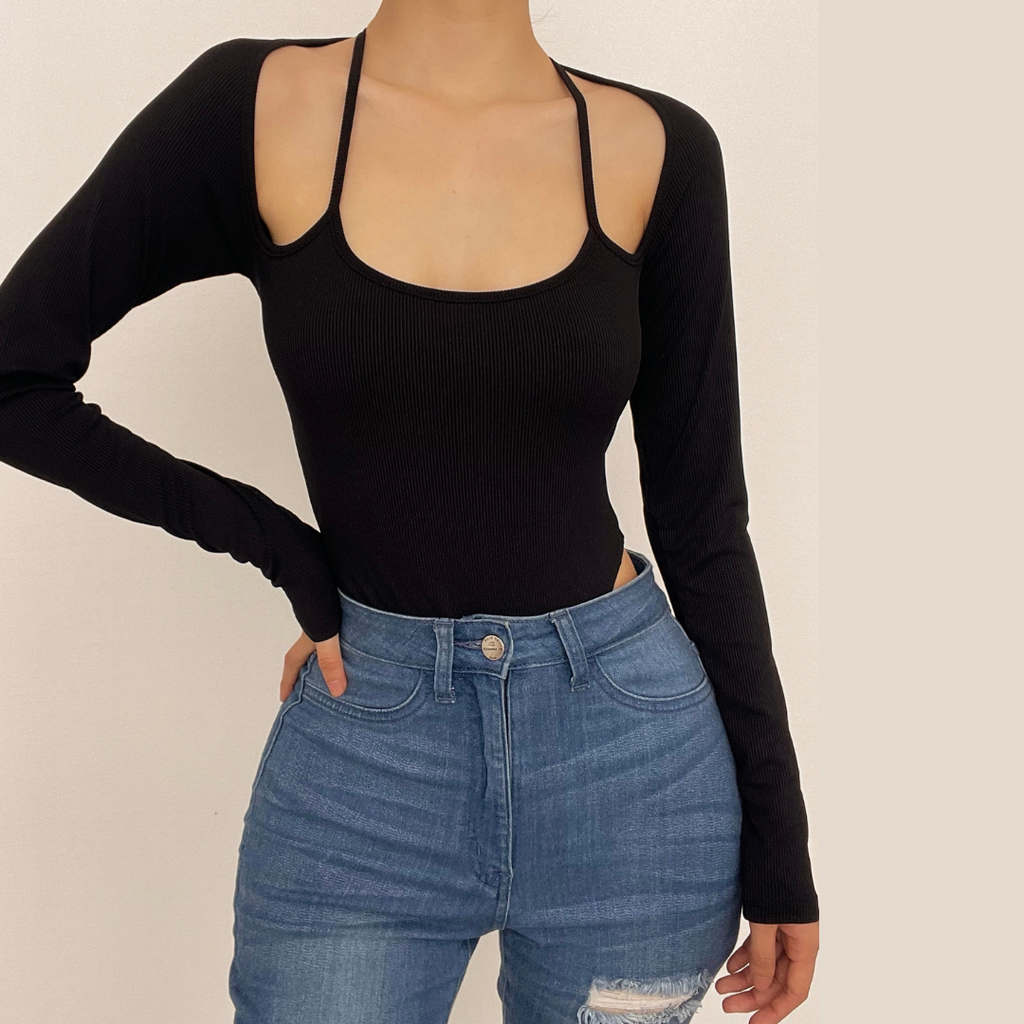 Body a maniche lunghe con scollo all'americana e coste unite 