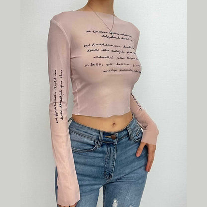 Langärmliges, durchsichtiges Crop-Top aus transparentem Netzstoff mit Kontrastdruck 