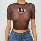Short sleeve sheer mesh see through ruffle embroidery crop top