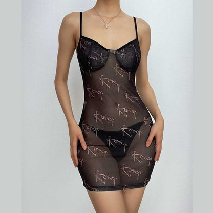 Transparentes Mesh-Camisole-Minikleid mit V-Ausschnitt und Kontrastdruck