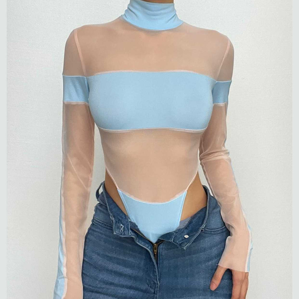 Body a collo alto e maniche lunghe in rete con patchwork a contrasto 