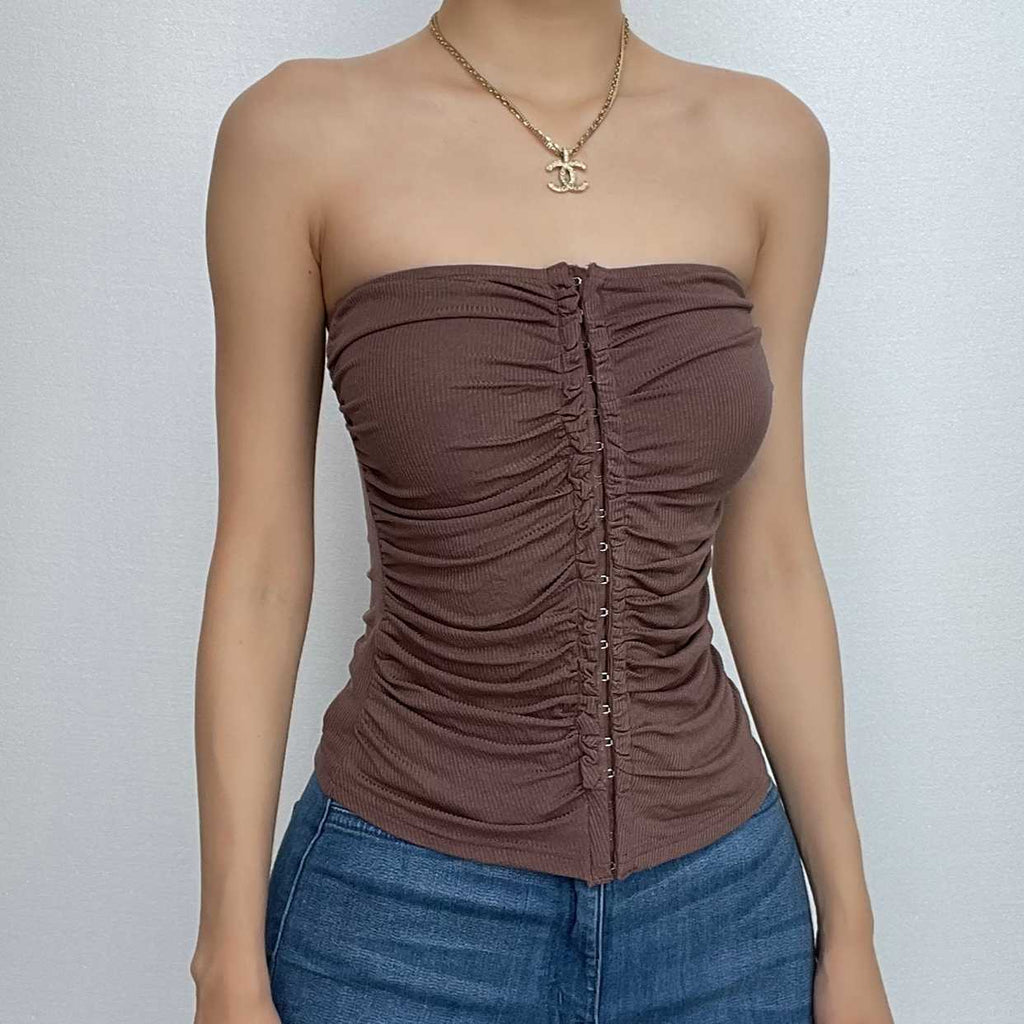 Button solid ruched backless ribbed tube crop top