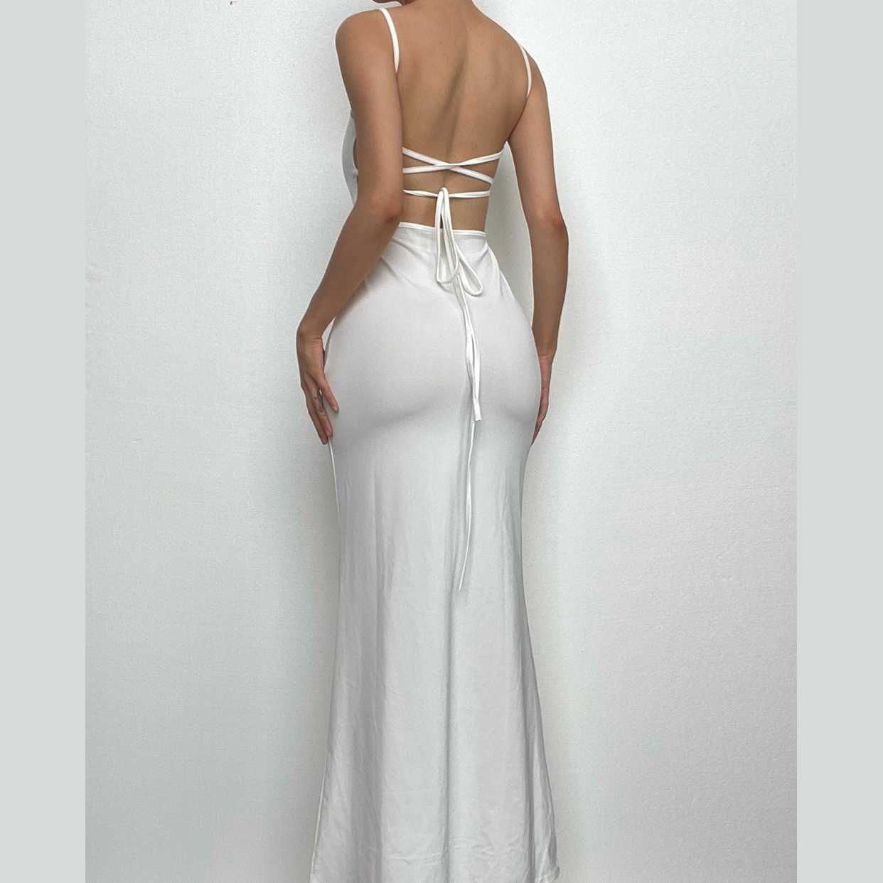 Backless hollow out low cut self tie solid cami maxi dress