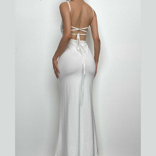 Backless hollow out low cut self tie solid cami maxi dress