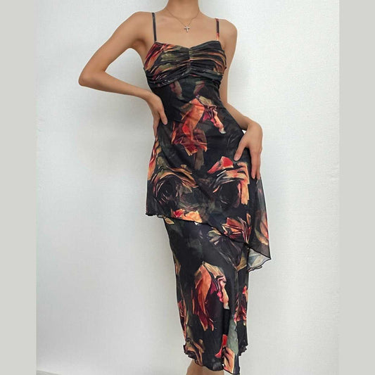 Rückenfreies, unregelmäßiges Camisole-Midikleid mit Blumenmuster und Kontrastraffung 