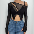 Irregular long sleeve hollow out mesh solid 2 piece crop top