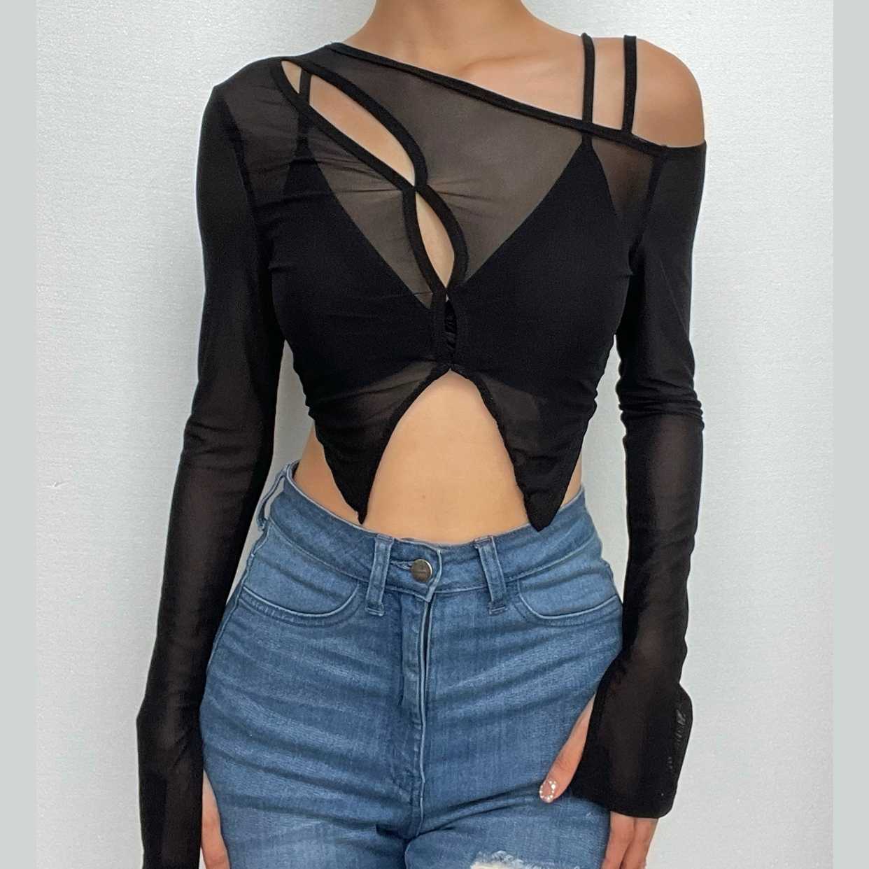 Irregular long sleeve hollow out mesh solid 2 piece crop top