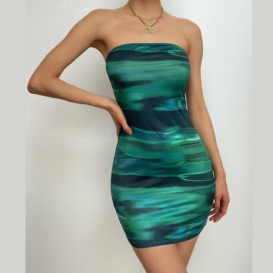 Rückenfreies, ärmelloses Tube-Minikleid mit Kontrastdruck