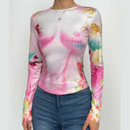 Long sleeve crewneck flower print contrast top