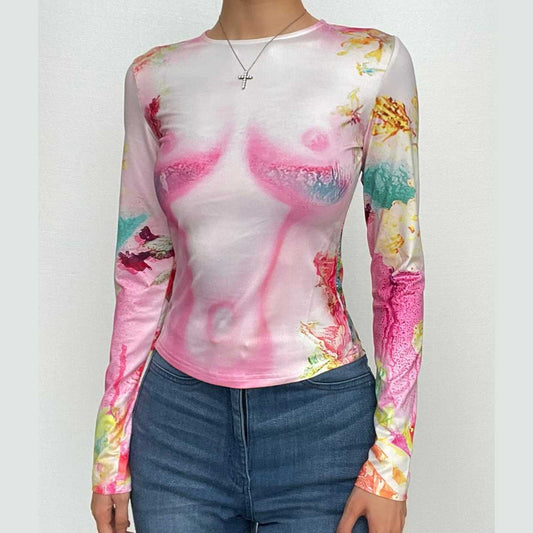 Top a maniche lunghe con stampa floreale a contrasto e scollo rotondo 